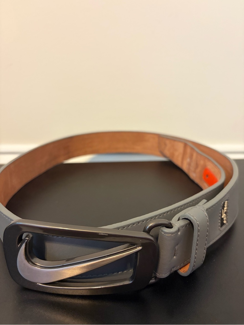 Nike Grey Leather Belt with Gunmetal Swoosh Buckle